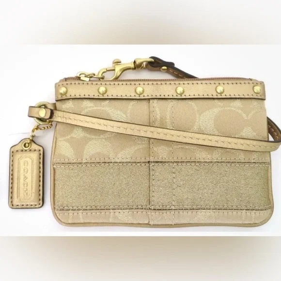 Coach Signature Stripe Studded Gold Metallic Lurex & Leather Wristlet - Picture 1 of 9